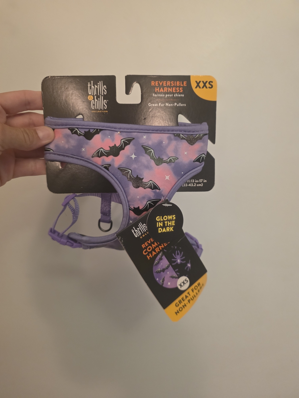 Thrills Reversible Purple Bat Glow-In-The-Dark Dog Harness - XXS